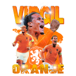 Imagem de Virgil van Dijk comemorando com a camisa da seleção holandesa. O fundo destaca o lema "Viva Virgil" em cores vibrantes, com a logo da KNVB e elementos gráficos que transmitem energia e orgulho.