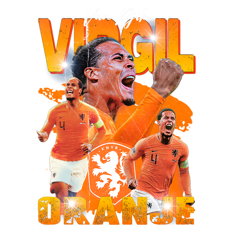 Imagem de Virgil van Dijk comemorando com a camisa da seleção holandesa. O fundo destaca o lema "Viva Virgil" em cores vibrantes, com a logo da KNVB e elementos gráficos que transmitem energia e orgulho.