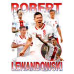 Imagem de Robert Lewandowski, atacante da seleção polonesa de futebol, destacando várias poses durante jogos. Ele veste a camisa branca da Polônia com o número 9 e exibe expressões de emoção e determinação. O fundo é decorado com elementos gráficos que enfatizam seu nome.