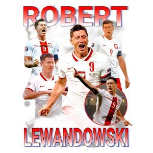 Imagem de Robert Lewandowski, atacante da seleção polonesa de futebol, destacando várias poses durante jogos. Ele veste a camisa branca da Polônia com o número 9 e exibe expressões de emoção e determinação. O fundo é decorado com elementos gráficos que enfatizam seu nome.
