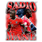 Imagem de Sadio Mané, jogador de futebol, vestindo o uniforme do Bayern de Munique, em destaque com expressões de emoção em um fundo vibrante. Inclui o texto "SADIO MANE".