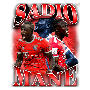 Imagem de Sadio Mané, jogador de futebol, vestindo o uniforme do Bayern de Munique, em destaque com expressões de emoção em um fundo vibrante. Inclui o texto "SADIO MANE".