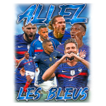 Imagem com jogadores da seleção francesa de futebol, incluindo Mbappé, Griezmann e Pogba, em um fundo azul com a frase "Allez Les Bleus", simbolizando apoio e celebração pelo time.