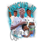 Imagem artística de Vinícius Jr., jogador do Real Madrid, destacando momentos de sua carreira. Ele é apresentado em várias poses, incluindo celebrações e com o troféu da Liga dos Campeões. Fundo azul vibrante e assinatura estilizada do jogador.