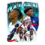 Imagem montada de jogadores de futebol em destaque com foco em um jovem atleta celebrando conquistas. Inclui a frase "NXT GEN" em destaque, mostrando atletas em ação, troféus e camisetas de clubes como o Real Madrid e a seleção da França. Ideal para promover novos talentos no futebol.