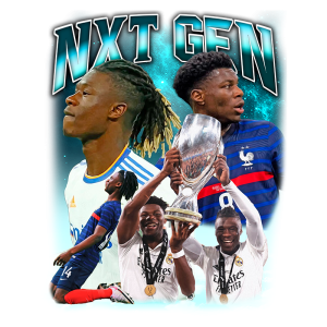 Imagem montada de jogadores de futebol em destaque com foco em um jovem atleta celebrando conquistas. Inclui a frase "NXT GEN" em destaque, mostrando atletas em ação, troféus e camisetas de clubes como o Real Madrid e a seleção da França. Ideal para promover novos talentos no futebol.