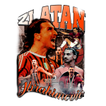 Imagem do jogador de futebol Zlatan Ibrahimović, destacando sua carreira com uniformes do AC Milan e Manchester United, mostrando diferentes expressões e momentos icônicos em um design vibrante e dinâmico. Ideal para fãs de esportes e cultura pop.