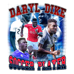 Imagem do jogador de futebol Daryl Dike, destacando suas atuações em diferentes clubes. A imagem mostra Dike em ação com uniformes de suas equipes, acompanhado pelo texto "Daryl Dike" e "Soccer Player", com um fundo vibrante em tons de azul e elementos gráficos relacionados ao futebol.