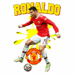 Cristiano Ronaldo em ação com a camisa do Manchester United, driblando uma bola de futebol, com um fundo vibrante e o logotipo do clube.