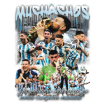 Montagem celebrando a vitória da seleção argentina na Copa do Mundo, com destaque para jogadores como Messi e momentos de alegria, alegria e conquistas. Texto em destaque: "Já ganhamos a terceira e somos campeões mundiais".