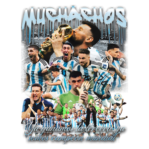 Montagem celebrando a vitória da seleção argentina na Copa do Mundo, com destaque para jogadores como Messi e momentos de alegria, alegria e conquistas. Texto em destaque: "Já ganhamos a terceira e somos campeões mundiais".
