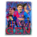 Imagem de destaque de jogadores do FC Barcelona, com foco na nova geração. Jovens atletas em uniformes do time, expressando alegria e emoção durante uma partida. Fundo azul com elementos gráficos relacionados ao futebol e destaque para as palavras "NYT GEN".