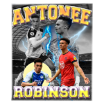 Imagem de Antonee Robinson, jogador de futebol, com diversas expressões e ações em campo, destacando-se em uniformes de diferentes clubes, como Fulham e Wigan. O fundo apresenta um estádio, acentuando seu papel como atleta profissional.