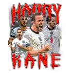 Imagem de Harry Kane, atacante da seleção inglesa de futebol, expressando emoção durante um jogo. A ilustração destaca várias poses do jogador com a camisa da Inglaterra, enfatizando seu papel como capitão e artilheiro, com o nome "Harry Kane" em destaque.