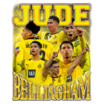 Imagem de Jude Bellingham, jogador do Borussia Dortmund, em ação com uniforme amarelo. O design destaca várias poses do atleta, mostrando suas habilidades esportivas e paixão pelo futebol, com as palavras "Jude Bellingham" em destaque.
