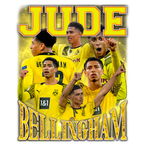 Imagem de Jude Bellingham, jogador do Borussia Dortmund, em ação com uniforme amarelo. O design destaca várias poses do atleta, mostrando suas habilidades esportivas e paixão pelo futebol, com as palavras "Jude Bellingham" em destaque.