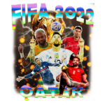 Imagem promocional da Copa do Mundo FIFA 2022, destacando jogadores icônicos como Neymar, Messi, Cristiano Ronaldo, Mbappé e Salah, com a taça da competição ao fundo e um design vibrante que representa o evento em Qatar.