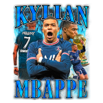 Imagem de Kylian Mbappé, jogador do Paris Saint-Germain, comemorando uma vitória. Ao fundo, fotos do atleta em diferentes momentos, incluindo sua camisa com o número 7 e uma imagem segurando a Copa do Mundo. Design vibrante com letras destacadas em azul, enfatizando seu nome e conquistas.