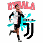 Jogador Dybala da Juventus comemorando um gol, vestido com o uniforme da equipe. Logotipo da Juventus e gráfico colorido ao fundo.