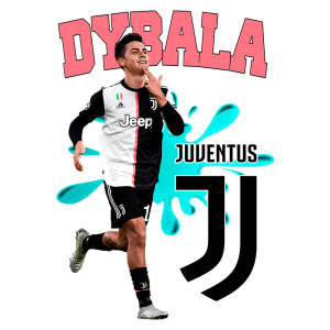 Jogador Dybala da Juventus comemorando um gol, vestido com o uniforme da equipe. Logotipo da Juventus e gráfico colorido ao fundo.