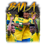 Imagem colorida de jogadores da seleção brasileira de futebol comemorando um gol. Neymar, Vinícius Júnior e outros atletas aparecem em destaque, transmitindo alegria e união. O fundo apresenta um estádio cheio de torcedores, enfatizando a energia do momento. Texto "BAILA" em destaque acima da cena.