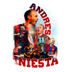 Imagem artística de Andrés Iniesta, ícone do futebol, com várias cenas de sua carreira no Barcelona, incluindo celebrações de gol e conquistas de troféus. Fundo colorido destaca a paixão pelo esporte.