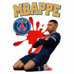 Imagem do jogador Kylian Mbappé, em destaque com a camisa do Paris Saint-Germain (PSG), comemorando em um gesto de triunfo. O fundo apresenta um design vibrante com manchas vermelhas e o emblema do PSG.