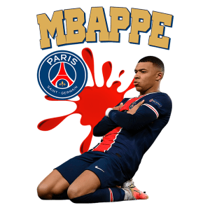 Imagem do jogador Kylian Mbappé, em destaque com a camisa do Paris Saint-Germain (PSG), comemorando em um gesto de triunfo. O fundo apresenta um design vibrante com manchas vermelhas e o emblema do PSG.