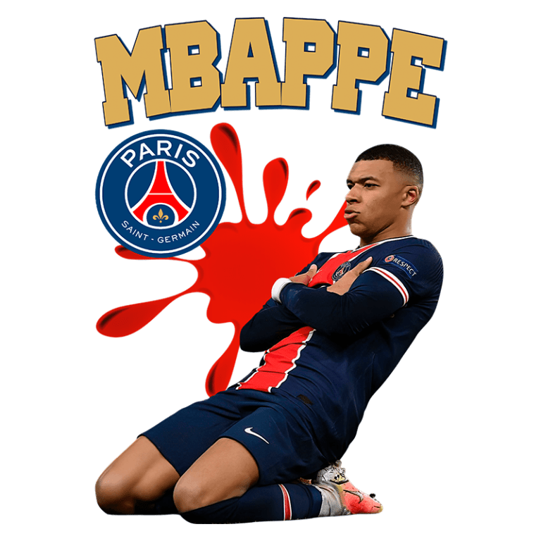 Imagem do jogador Kylian Mbappé, em destaque com a camisa do Paris Saint-Germain (PSG), comemorando em um gesto de triunfo. O fundo apresenta um design vibrante com manchas vermelhas e o emblema do PSG.