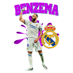 Imagem de Karim Benzema comemorando um gol, vestindo o uniforme do Real Madrid, com o logotipo do clube ao lado. O texto "BENZEMA" aparece em destaque no topo da imagem.