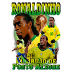 Imagem do famoso jogador de futebol Ronaldinho, conhecido como "O Bruxo de Porto Alegre", destacando sua trajetória com a seleção brasileira e seu carisma em campo. A imagem apresenta várias poses de Ronaldinho, usando a camisa amarela do Brasil, com o troféu da Copa do Mundo ao fundo.