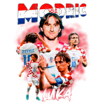 Imagem de Luka Modrić, jogador de futebol croata, com várias poses em ação, usando a camisa da seleção croata com os números 10 e 11. O fundo apresenta cores vibrantes e o nome "MODRIĆ" em destaque.