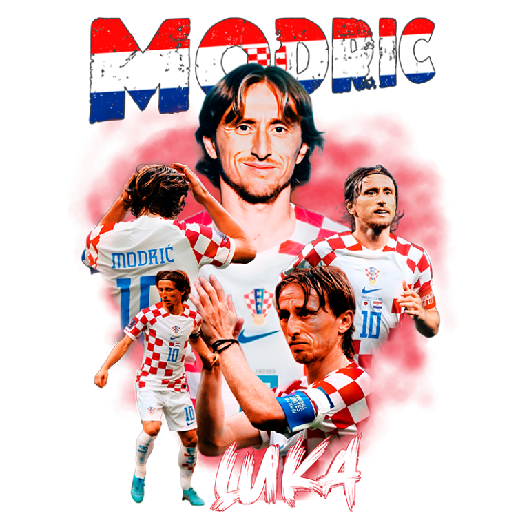 Imagem de Luka Modrić, jogador de futebol croata, com várias poses em ação, usando a camisa da seleção croata com os números 10 e 11. O fundo apresenta cores vibrantes e o nome "MODRIĆ" em destaque.