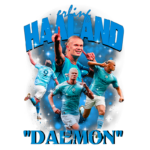 Erling Haaland em destaque, mostrando várias poses de ação no uniforme do Manchester City, com o texto "DAEMON" em destaque e um fundo colorido repleto de estrelas.