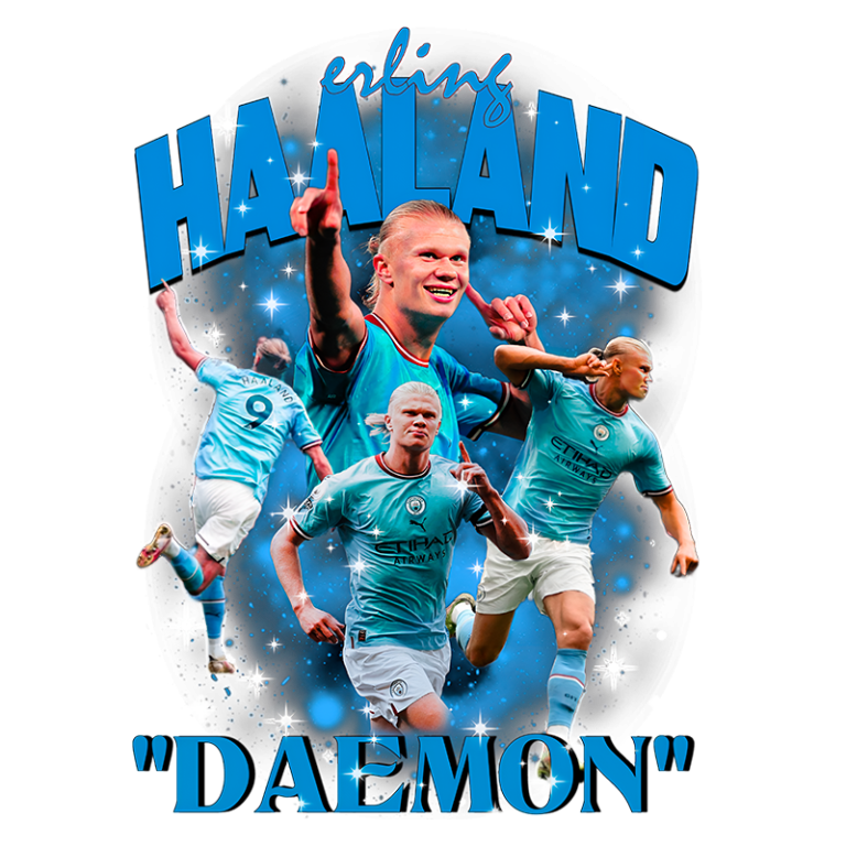 Erling Haaland em destaque, mostrando várias poses de ação no uniforme do Manchester City, com o texto "DAEMON" em destaque e um fundo colorido repleto de estrelas.