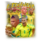 Imagem do jogador brasileiro Ronaldo, conhecido como "Fenômeno", destacando momentos icônicos de sua carreira no futebol, incluindo a conquista da Copa do Mundo. Ele aparece em várias poses, vestindo a camisa da seleção brasileira, com um fundo vibrante em dourado.