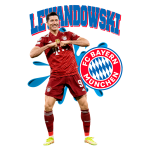 Jogador Robert Lewandowski, com a camisa do Bayern de Munique, sorrindo e fazendo um gesto de celebração, rodeado pelo logotipo do clube.