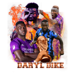 Imagem do jogador de futebol Daryl Dike, exibindo várias poses. Ele está vestido com a camisa roxa do Orlando City, segurando um troféu da Copa do Mundo, enquanto em fundo aparecem elementos gráficos dinâmicos, simbolizando sua carreira e conquistas no futebol.