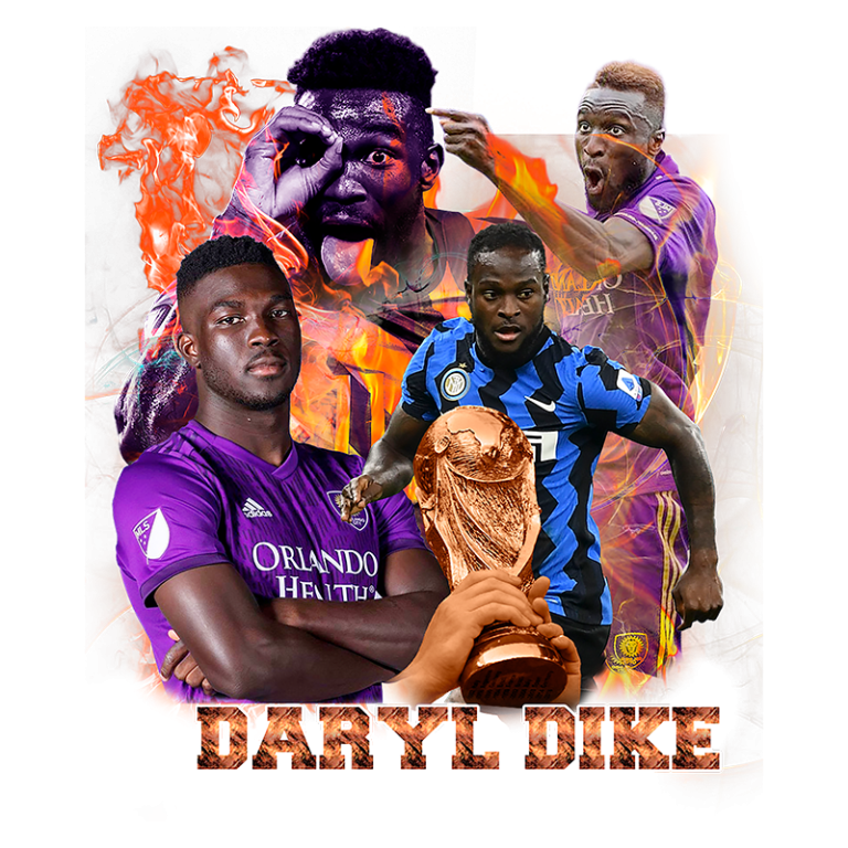 Imagem do jogador de futebol Daryl Dike, exibindo várias poses. Ele está vestido com a camisa roxa do Orlando City, segurando um troféu da Copa do Mundo, enquanto em fundo aparecem elementos gráficos dinâmicos, simbolizando sua carreira e conquistas no futebol.