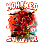 Imagem de Mohamed Salah jogando pelo Liverpool FC, destacando momentos de ação em campo, com o escudo do clube e o texto "Mohamed Salah" em destaque.