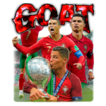 Cristiano Ronaldo em várias poses, incluindo uma celebração, segurando troféus e vestindo a camisa da seleção portuguesa, com a palavra "GOAT" em destaque, simbolizando sua grandeza no futebol.