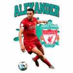 Jogador de futebol Alexander utilizando a camisa do Liverpool, em ação no campo, com o escudo do Liverpool Football Club ao fundo e uma bola de futebol.