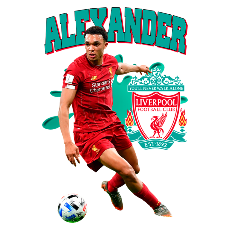 Jogador de futebol Alexander utilizando a camisa do Liverpool, em ação no campo, com o escudo do Liverpool Football Club ao fundo e uma bola de futebol.