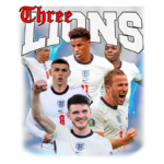 Imagem colorida dos jogadores da seleção de futebol da Inglaterra. Destacam-se Phil Foden, Declan Rice, Harry Kane, Raheem Sterling e Marcus Rashford, celebrando e demonstrando emoção em campo, com o título "Three Lions" em destaque. Ideal para conteúdos sobre futebol e competições esportivas.