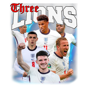 Imagem colorida dos jogadores da seleção de futebol da Inglaterra. Destacam-se Phil Foden, Declan Rice, Harry Kane, Raheem Sterling e Marcus Rashford, celebrando e demonstrando emoção em campo, com o título "Three Lions" em destaque. Ideal para conteúdos sobre futebol e competições esportivas.