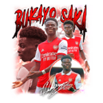 Imagem do jogador de futebol Bukayo Saka em uniforme do Arsenal, destacando suas habilidades em campo com um design vibrante e marcante. A imagem apresenta várias poses de Saka, evidenciando sua expressão confiante e dinamismo no esporte, acompanhada de elementos gráficos coloridos.
