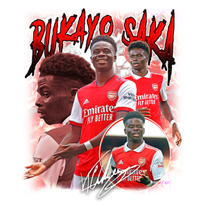 Imagem do jogador de futebol Bukayo Saka em uniforme do Arsenal, destacando suas habilidades em campo com um design vibrante e marcante. A imagem apresenta várias poses de Saka, evidenciando sua expressão confiante e dinamismo no esporte, acompanhada de elementos gráficos coloridos.