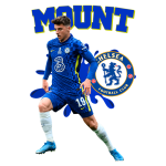 Jogador Mason Mount do Chelsea FC, em uniforme azul, correndo com a bola, com o logotipo do clube e texto estilizado ao fundo.