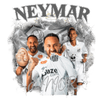 Imagem de Neymar Jr., jogador brasileiro de futebol, com várias poses, usando o uniforme do Santos FC. O fundo apresenta elementos gráficos como raios e estrelas, destacando seu nome e a equipe.
