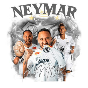 Imagem de Neymar Jr., jogador brasileiro de futebol, com várias poses, usando o uniforme do Santos FC. O fundo apresenta elementos gráficos como raios e estrelas, destacando seu nome e a equipe.